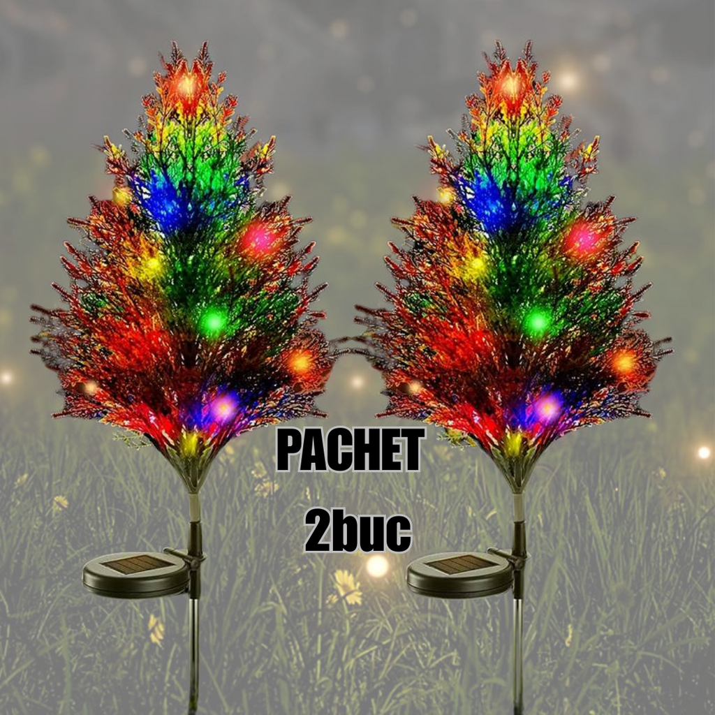 Set 2 x Brazi Tuia Solari Decorativi cu 10 LED-uri Multicolore, 70 Ramuri, Înălțime 80 cm, Iluminare Automată cu Energie Solară