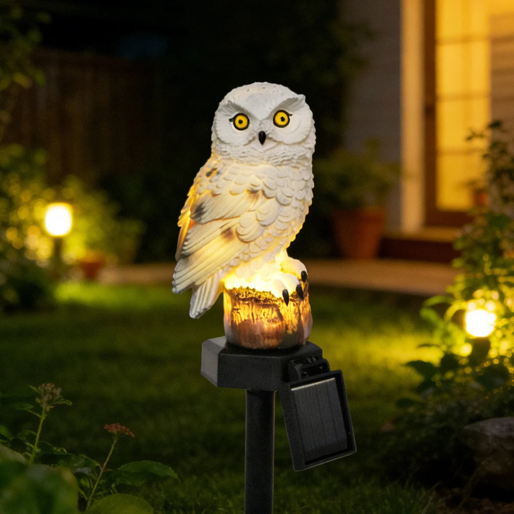 Set 2 Lămpi Solare Bufniță Albă pentru Grădină, Lumină Caldă, Țăruș 45 cm
