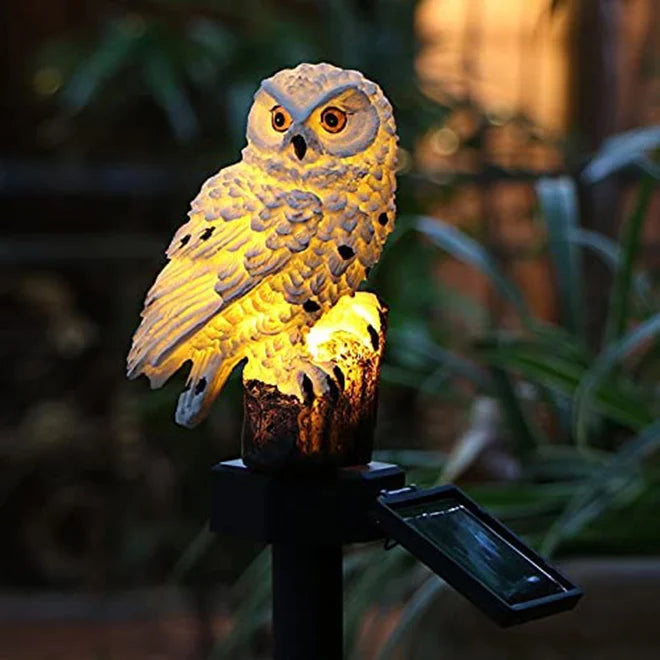 Set 2 Lămpi Solare Bufniță Albă pentru Grădină, Lumină Caldă, Țăruș 45 cm
