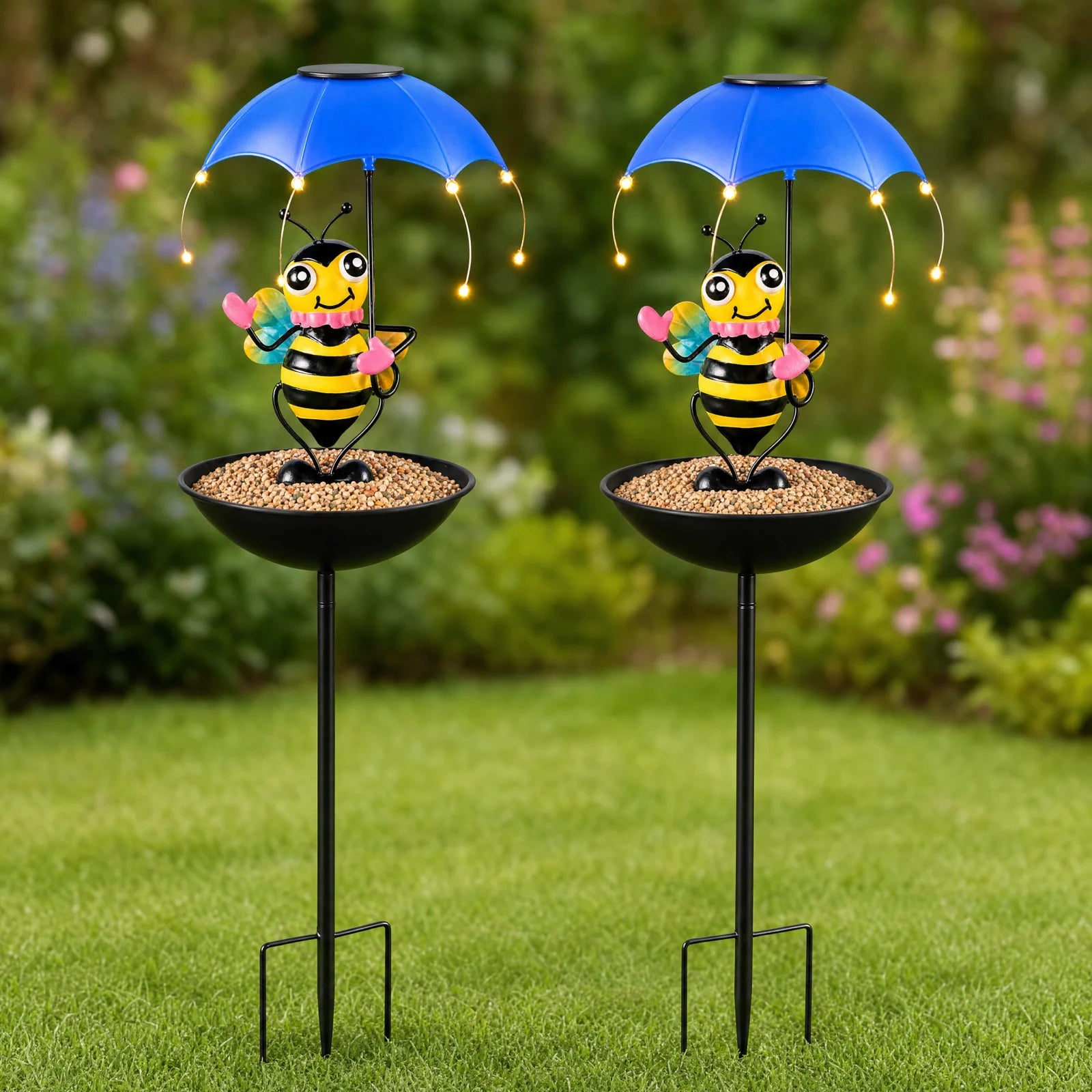 Set 2 Lămpi Solare Decorative cu Hrănitoare pentru Păsări, Model Albinuță