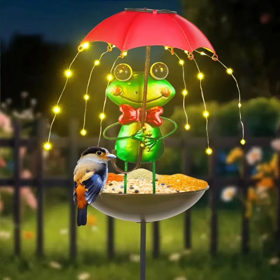 Set 2 Lămpi Solare Decorative cu Hrănitoare pentru Păsări, Model Albinuță sau Broscuță, pentru Grădină