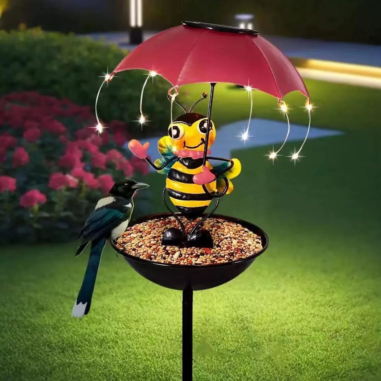 Set 2 Lămpi Solare Decorative cu Hrănitoare pentru Păsări, Model Albinuță