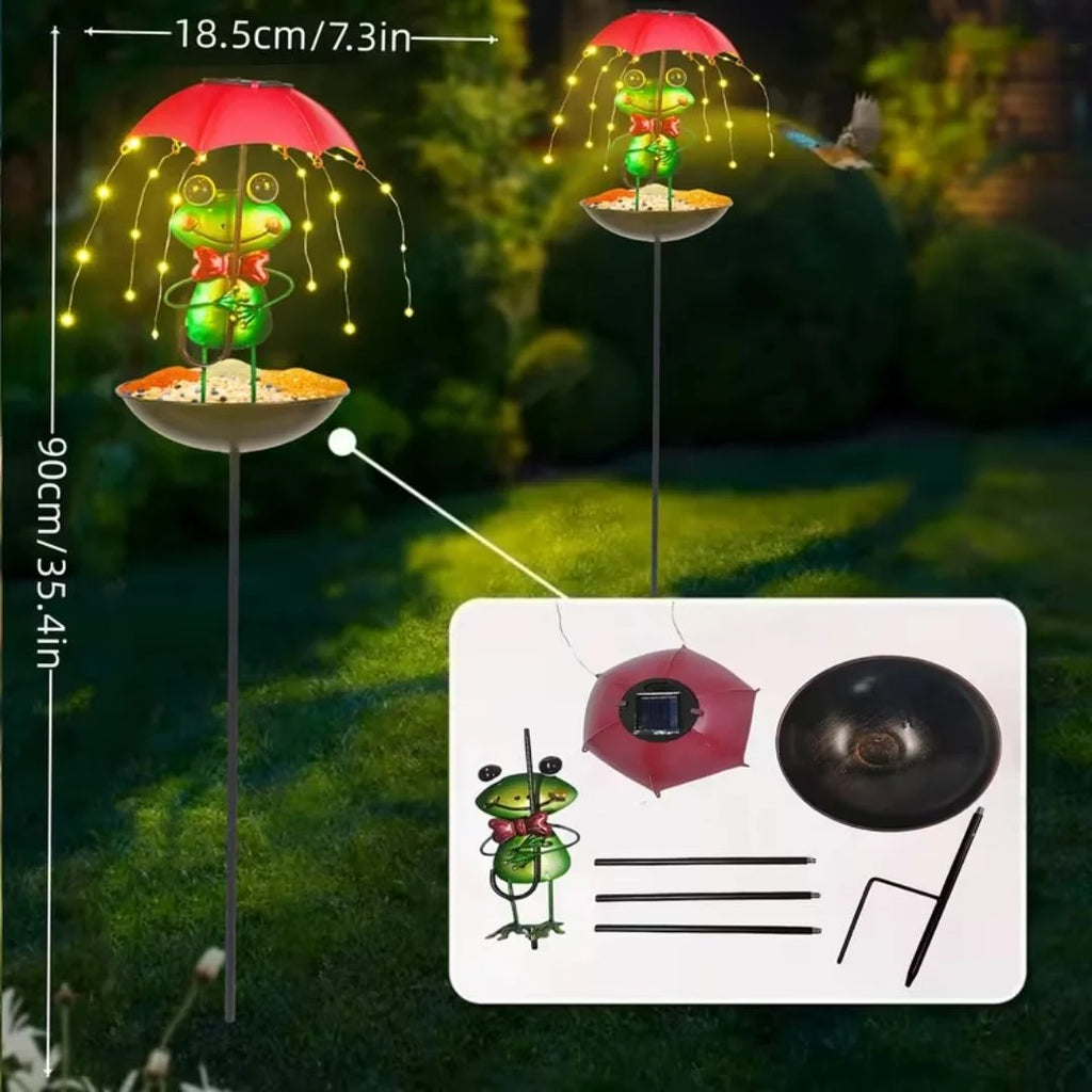 Set 2 Lămpi Solare Decorative cu Hrănitoare pentru Păsări, Model Albinuță sau Broscuță, pentru Grădină
