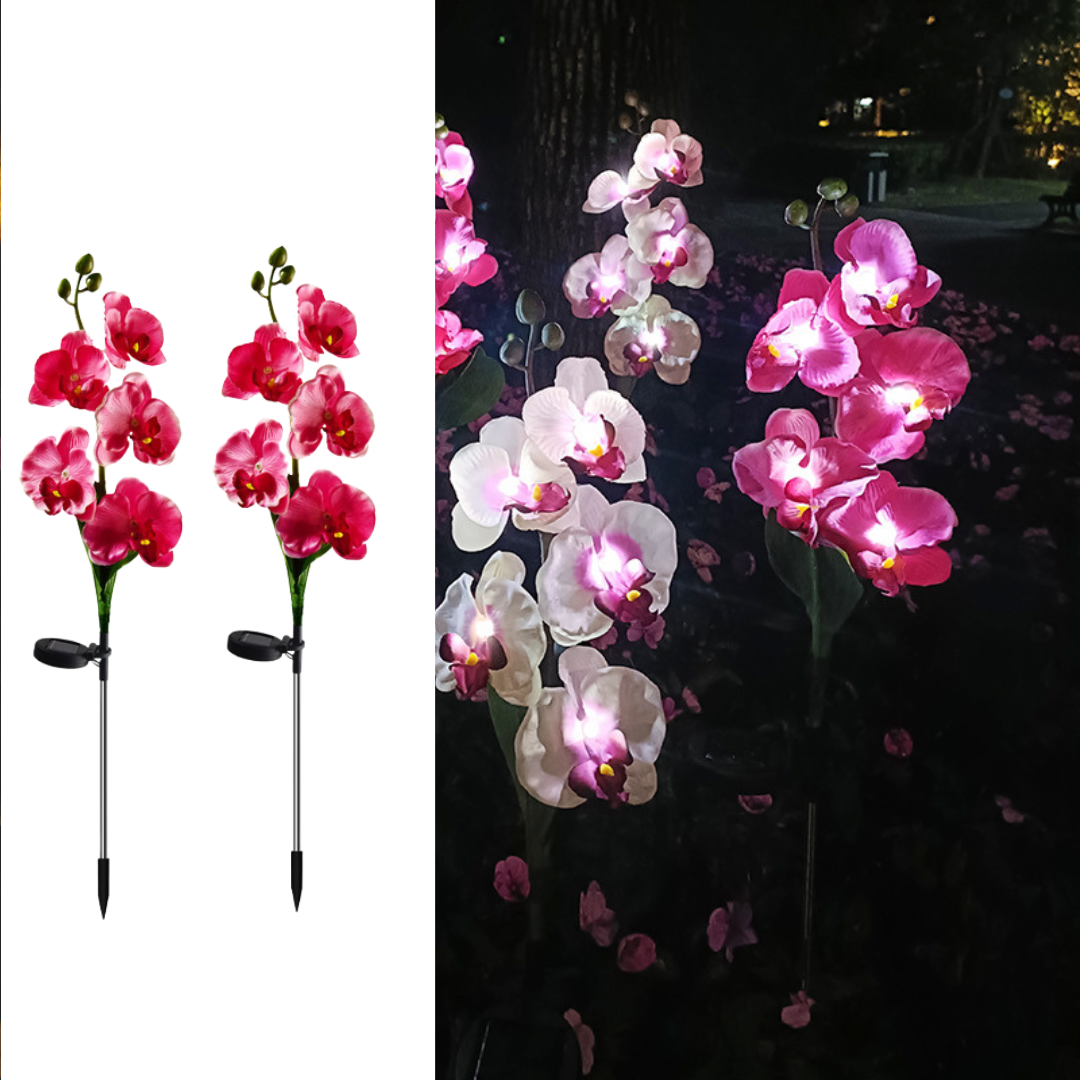Set 2 x Lămpi Solare Orhidee cu LED – Decor Romantic pentru Grădină, Țăruș și Panou Solar