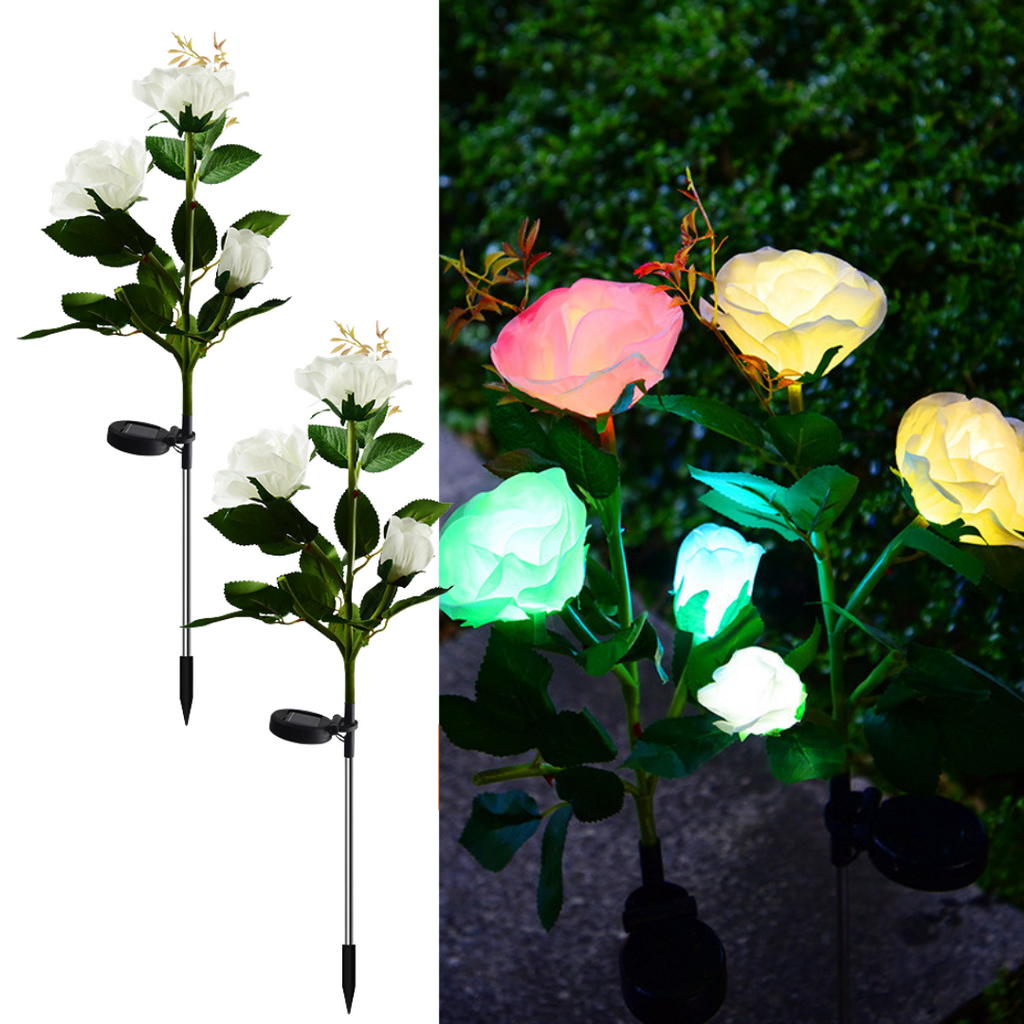 Set 2 x Lămpi Solare Trandafir cu 3 Flori LED – Decor Elegant de Grădină, Țăruș și Panou Solar