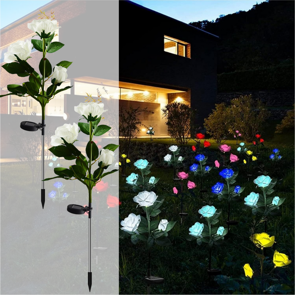 Set 4 x Lămpi Solare Trandafir cu 3 Flori LED – Decor Elegant de Grădină, Țăruș și Panou Solar