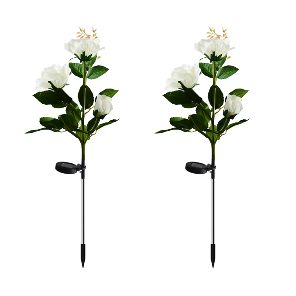 Set 2 x Lămpi Solare Trandafir cu 3 Flori LED – Decor Elegant de Grădină, Țăruș și Panou Solar