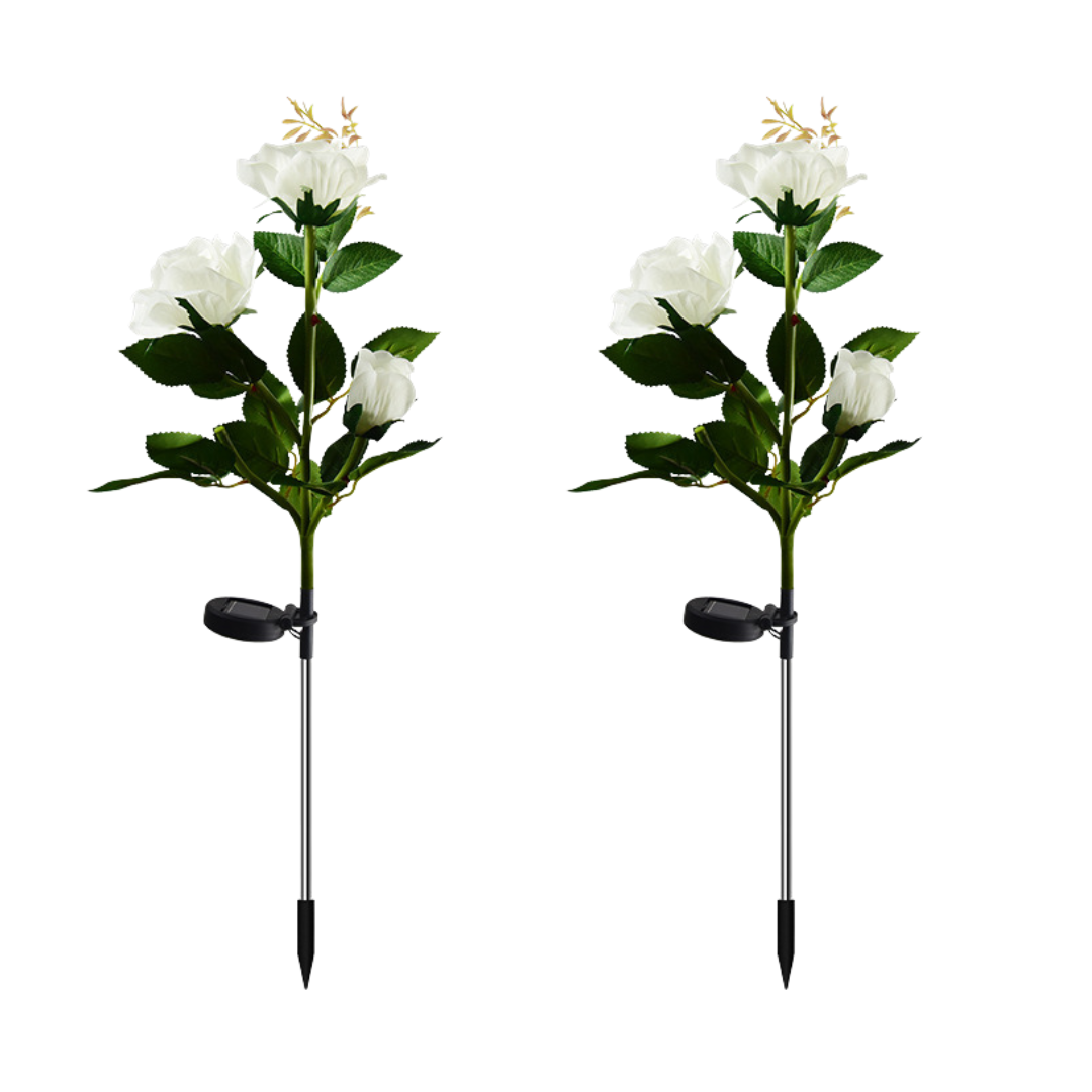 Set 4 x Lămpi Solare Trandafir cu 3 Flori LED – Decor Elegant de Grădină, Țăruș și Panou Solar