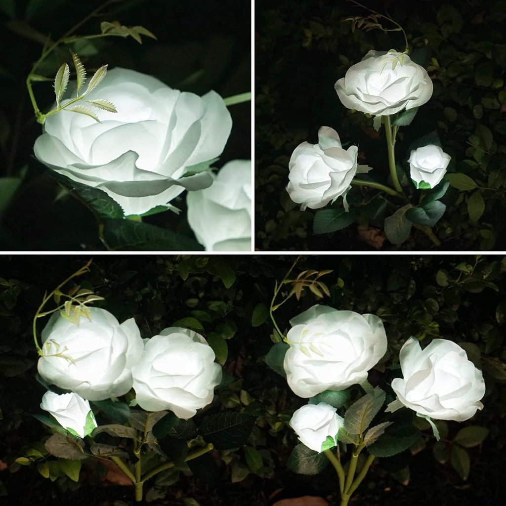 Set 4 x Lămpi Solare Trandafir cu 3 Flori LED – Decor Elegant de Grădină, Țăruș și Panou Solar