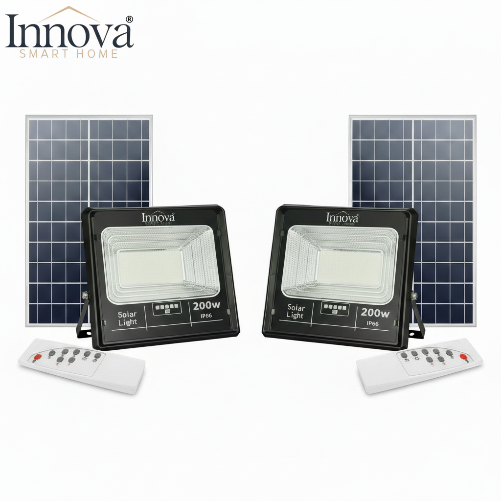 Set 2 x Proiector LED INNOVA 200W cu Panou Solar și Telecomandă, IP66 + Cadou Surpriză