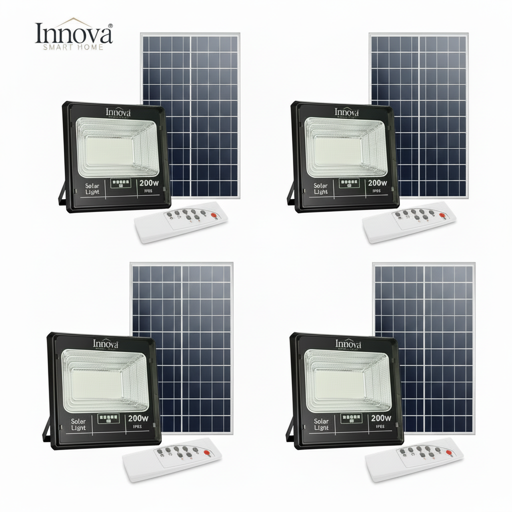 Set 4 x Proiector LED INNOVA 200W cu panou solar și telecomandă, IP66 + Cadou Surpriză