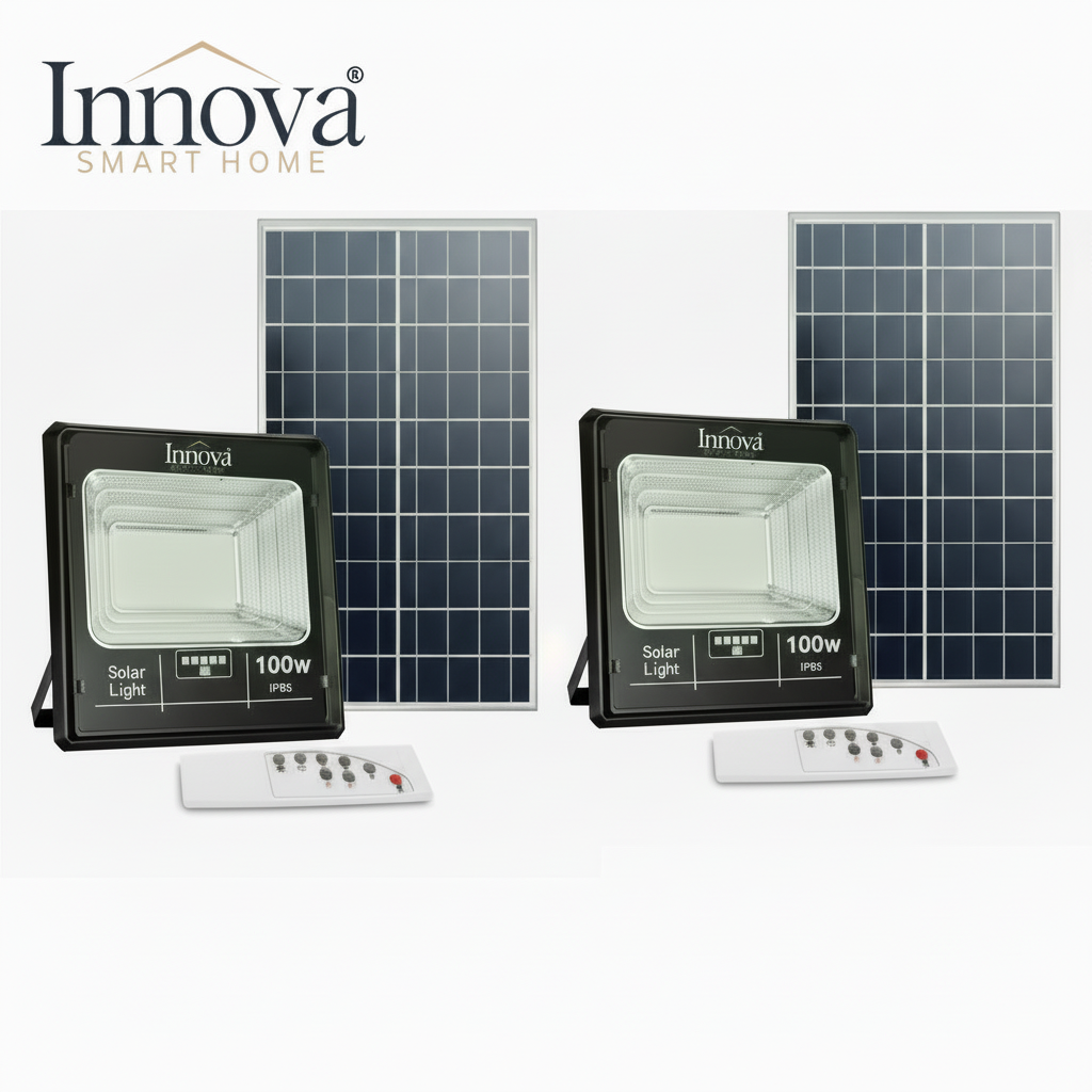 Set 2 X Proiector Solar Innova 100W, IP66, Indicator Baterie, Telecomandă, 6500k, 3 Ani Garanție