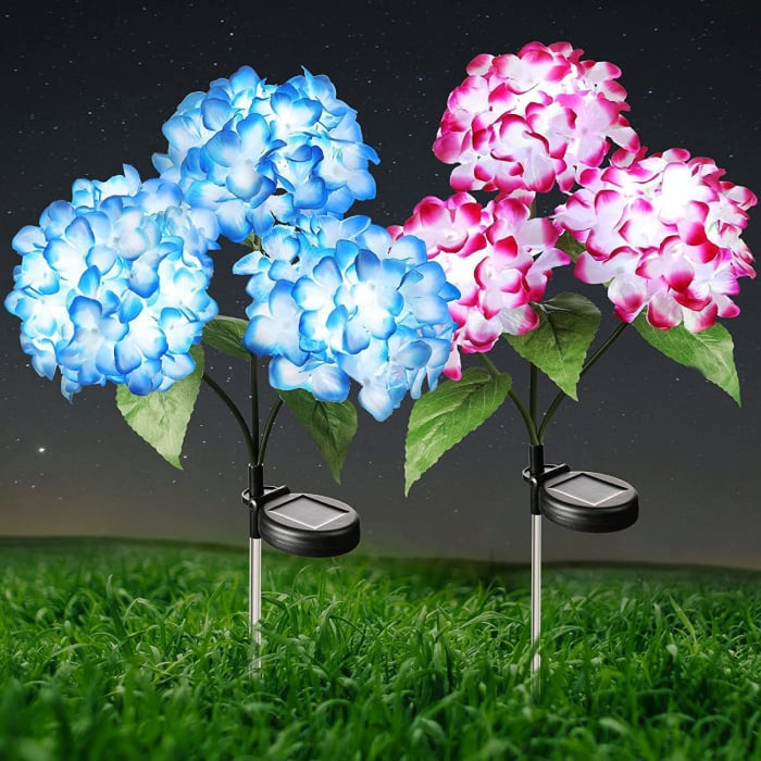 Set 2x lampă solară decorativă Hortensie, 70cm, iluminare LED, IP66, panou solar integrat