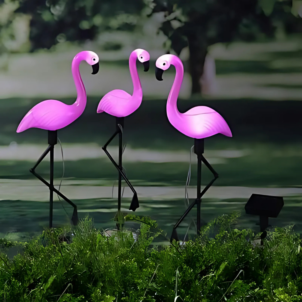 Set of 3 Solar Flamingo Figurines for Garden with LEDs, Solar Panel and Light Sensor, Weatherproof