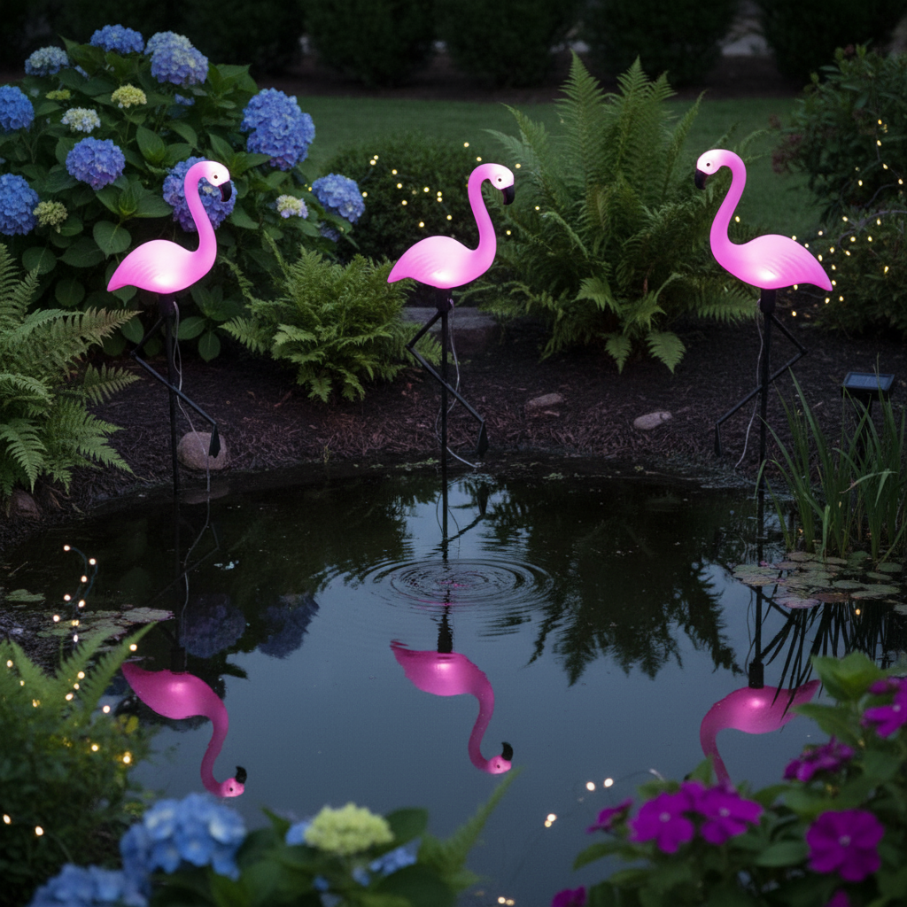 Set of 3 Solar Flamingo Figurines for Garden with LEDs, Solar Panel and Light Sensor, Weatherproof