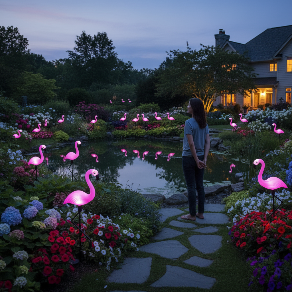 Set of 3 Solar Flamingo Figurines for Garden with LEDs, Solar Panel and Light Sensor, Weatherproof