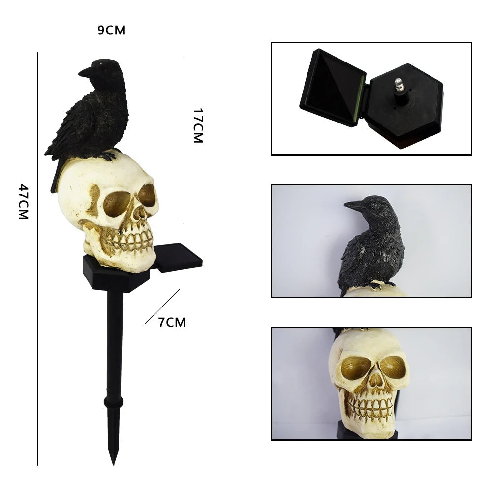 Set 2 sau 4 Lămpi Solare Halloween cu Craniu și Cioară, Decorațiuni pentru Grădină și Curte