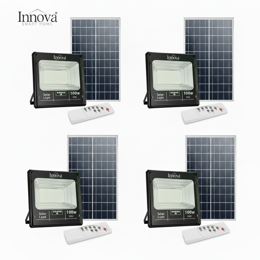 Set 4 x Proiector Solar Innova 100W, IP66, Indicator Baterie, Telecomandă, 6500k, 3 Ani Garanție