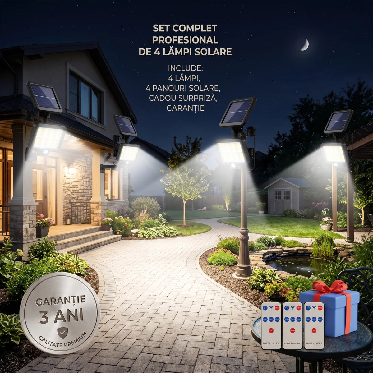 Set 4x Lampi Solare T9 INNOVA Smart Home, 160 LED COB, 8 Cadrane, Senzor Miscare, Panou Detașabil, IP66 + Telecomandă, Cadou + Garanție 3 Ani